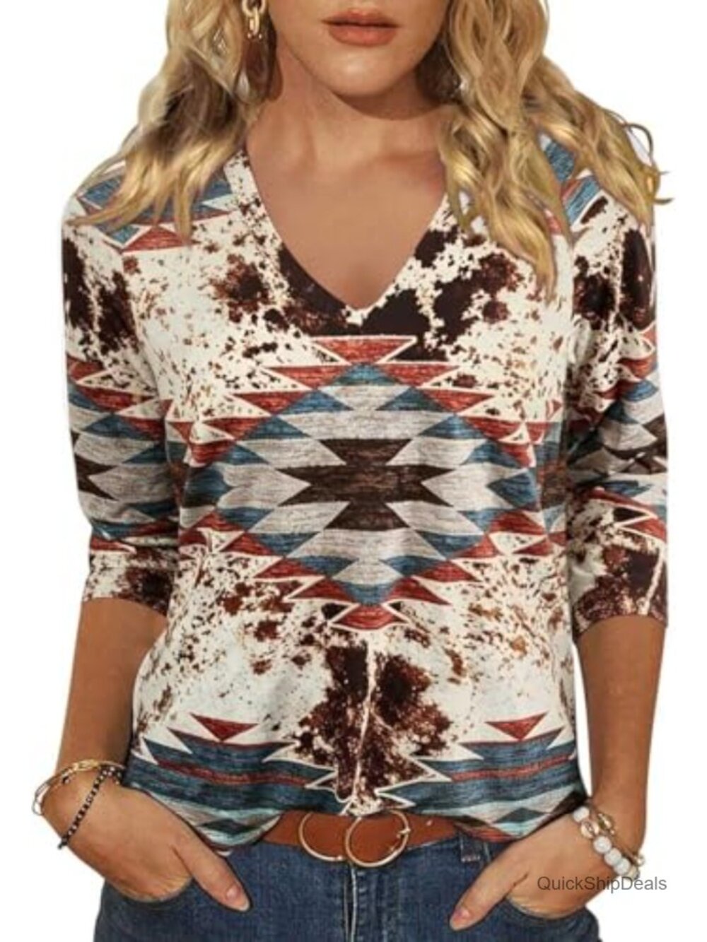 Women's Western Graphic 3/4 Sleeve V-Neck Shirt Cotton Blend Casual Top